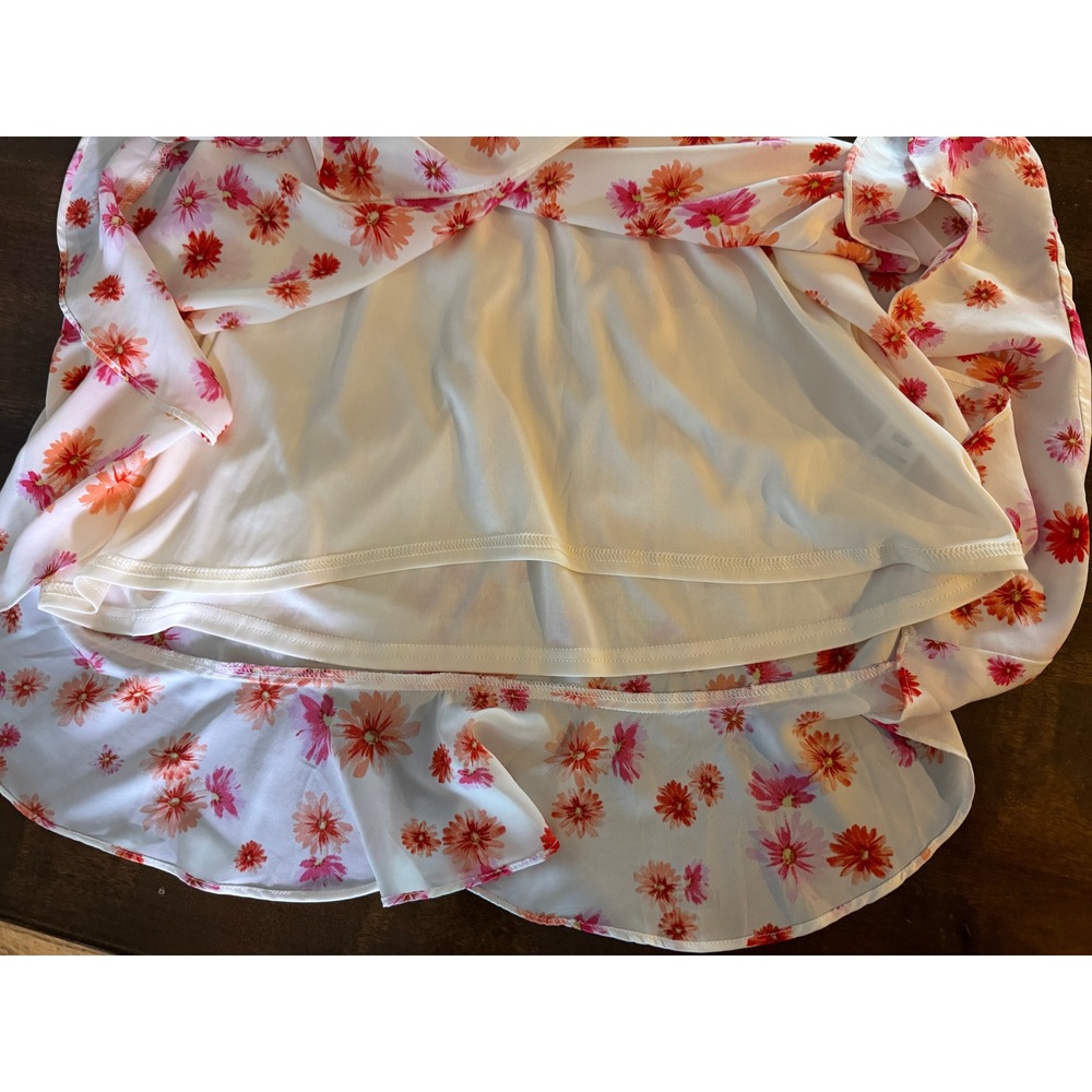 Sadie &‎ Sage Floral Faux Wrap Mini Dress Orange Pink Daisy Ruffle Hem Large - Picture 3 of 7